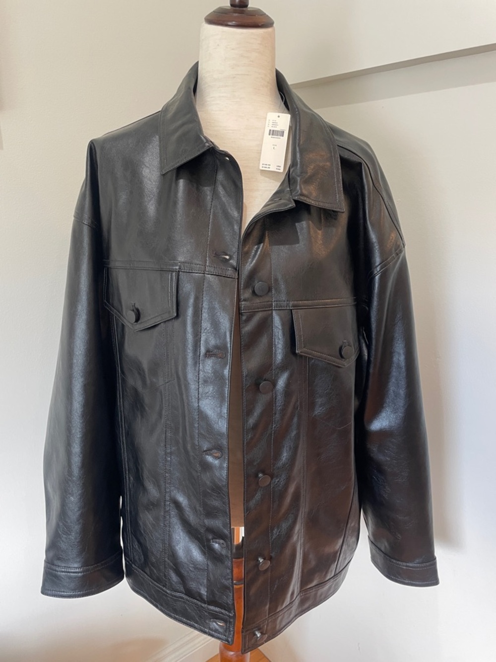 Pilcro Men's Black Leather Button-Front Bomber Jacket